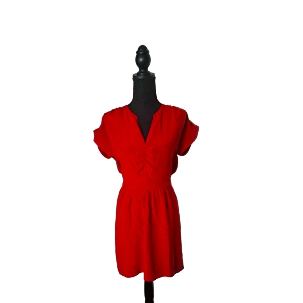 Madewell | Red Pink Ruched V-neck Short Sleeve Silk Dress Size 2 B26#10